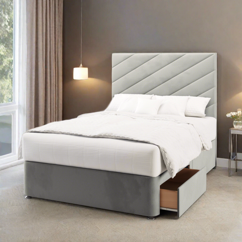 Athens Diagonal Panels Fabric Upholstered Tall Headboard with Divan Bed Base & Mattress Options-Divan Bed-Chic Concept