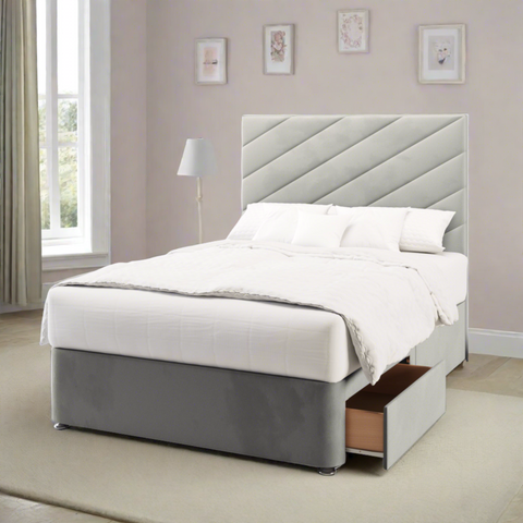 Athens Diagonal Panels Fabric Upholstered Tall Headboard with Kids Divan Bed Base & Mattress Options-Divan Bed-Chic Concept