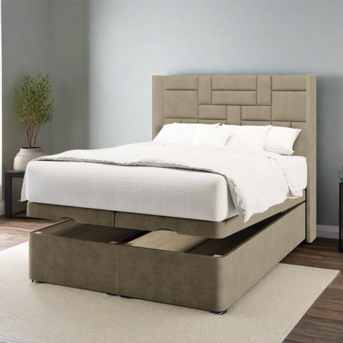 Abstract Design Fabric Upholstered Serenity Winged Headboard with Ottoman Storage Bed & Mattress Options-Ottoman Bed-Chic Concept