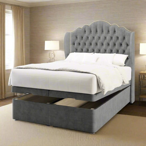 Amelia Chesterfield Fabric Upholstered Solitaire Winged Headboard with Ottoman Storage Bed & Mattress Options-Ottoman Bed-Chic Concept