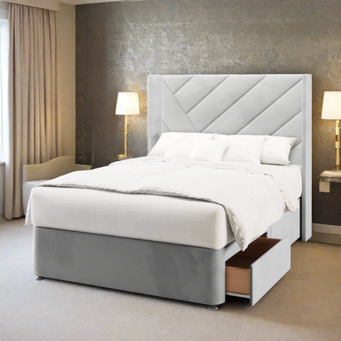 Everest Multi Diagonal Panel Straight Wing Bespoke Headboard Divan Base Storage Bed with Mattress Options-Divan Bed-Chic Concept
