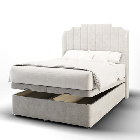 Lisbon Art Deco Fabric Upholstered Sierra Winged Headboard with Ottoman Storage Bed & Mattress Options-Ottoman Bed-Chic Concept