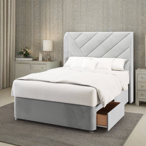 Everest Multi Diagonal Panel Top Curve Wing Bespoke Headboard Divan Base Storage Bed with Mattress Options-Divan Bed-Chic Concept