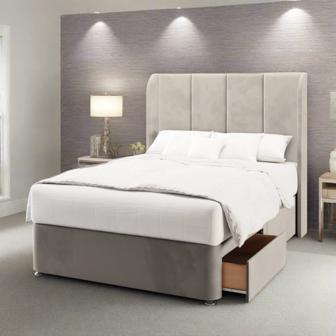 Brooklyn 4 Panel Top Curve Wing Bespoke Headboard Divan Base Storage Bed with Mattress Options-Divan Bed-Chic Concept