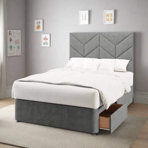 Descent Chevron Design Bespoke Tall Headboard Kids Divan Bed Base with Mattress Options-Divan Bed-Chic Concept