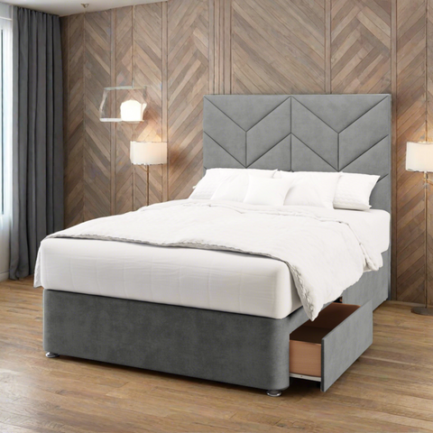 Descent Chevron Design Bespoke Tall Headboard Divan Bed Base with Mattress Options-Divan Bed-Chic Concept