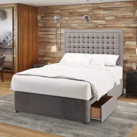 Hudson Small Cubic Buttoned Border Fabric Upholstered Tall Headboard with Divan Bed Base & Mattress Options