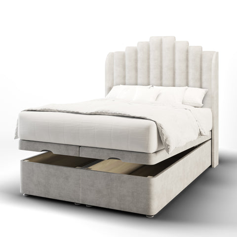 Coco Art Deco Fabric Upholstered Sierra Winged Headboard with Ottoman Storage Bed & Mattress Options-Ottoman Bed-Chic Concept