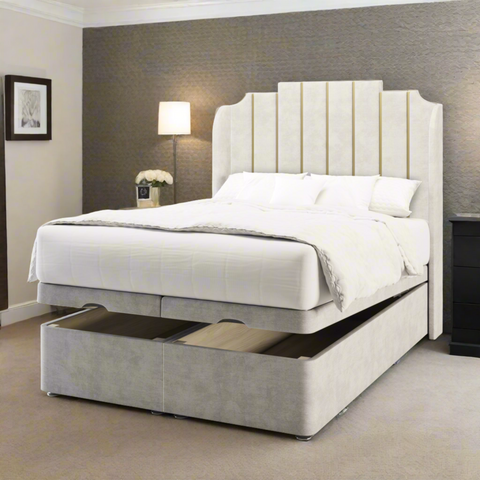 Lisbon Art Deco Gold Strip Fabric Upholstered Sierra Winged Headboard with Ottoman Storage Bed & Mattress Options-Ottoman Bed-Chic Concept