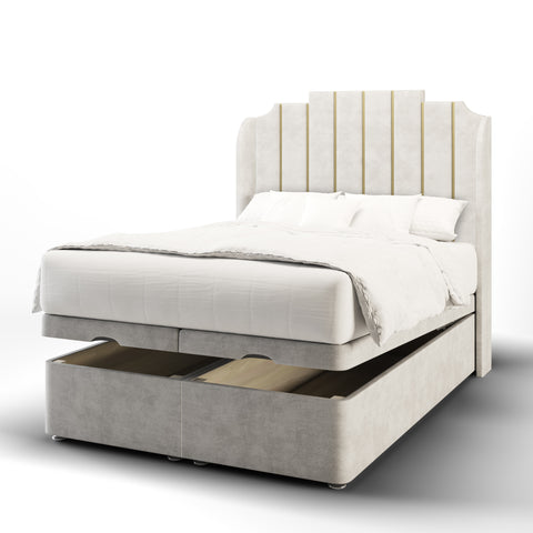 Lisbon Art Deco Gold Strip Fabric Upholstered Sierra Winged Headboard with Ottoman Storage Bed & Mattress Options-Ottoman Bed-Chic Concept