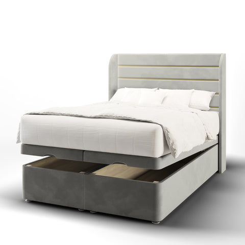 Eden Horizontal Panel Gold Strip Fabric Upholstered Sierra Winged Headboard with Ottoman Storage Bed & Mattress Options-Ottoman Bed-Chic Concept