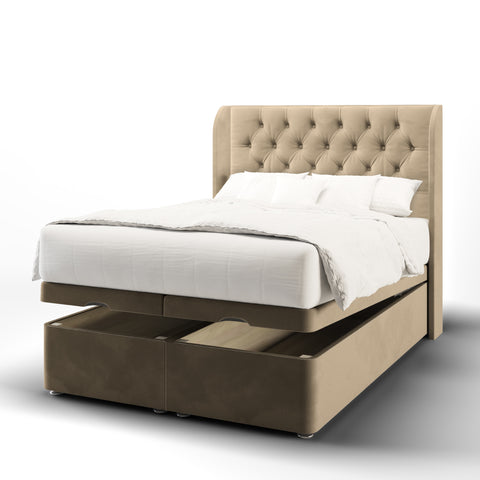 Savoy Chesterfield Buttoned Fabric Upholstered Sierra Winged Headboard with Ottoman Storage Bed & Mattress Options-Ottoman Bed-Chic Concept