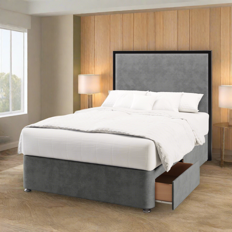 Madrid Metal Frame Border Plain Bespoke Headboard Divan Bed Base with Mattress Options