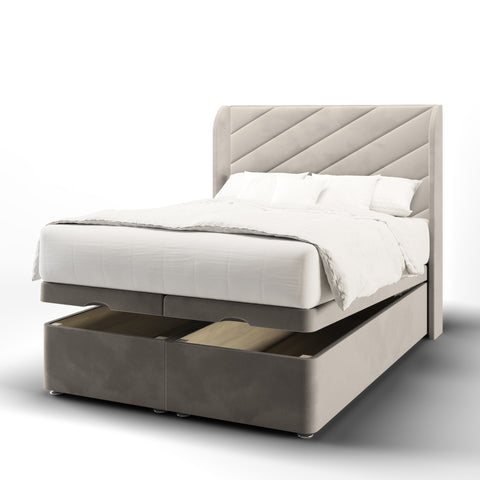 Athens Diagonal Panel Fabric Upholstered Sierra Winged Headboard with Ottoman Storage Bed & Mattress Options-Ottoman Bed-Chic Concept