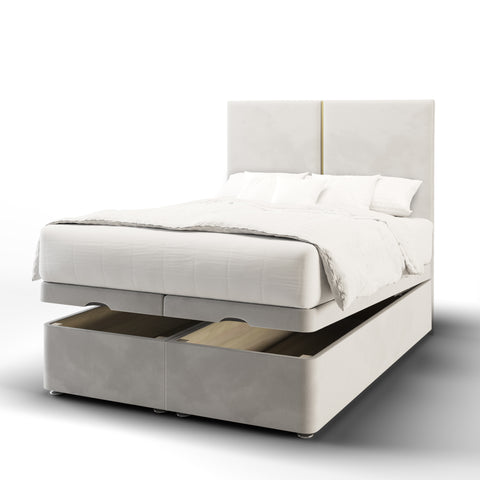 Albany Double Panel Gold Strip Fabric Upholstered Tall Headboard with Ottoman Storage Bed & Mattress Options-Ottoman Bed-Chic Concept