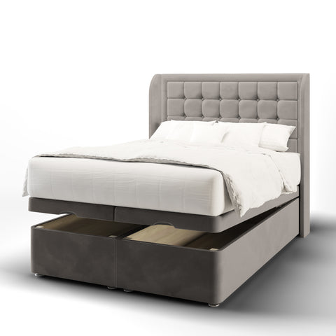 Aspire Large Cubic Buttoned Border Fabric Upholstered Sierra Winged Headboard with Ottoman Storage Bed & Mattress Options-Ottoman Bed-Chic Concept