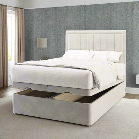 Bella Vertical Lines Border Fabric Upholstered Tall Headboard with Kids Ottoman Bed & Mattress Options-Kids Ottoman Bed-Chic Concept