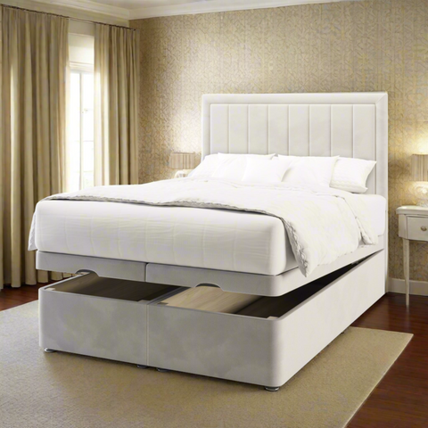 Bella Vertical Lines Border Fabric Upholstered Tall Headboard with Kids Ottoman Bed & Mattress Options-Kids Ottoman Bed-Chic Concept