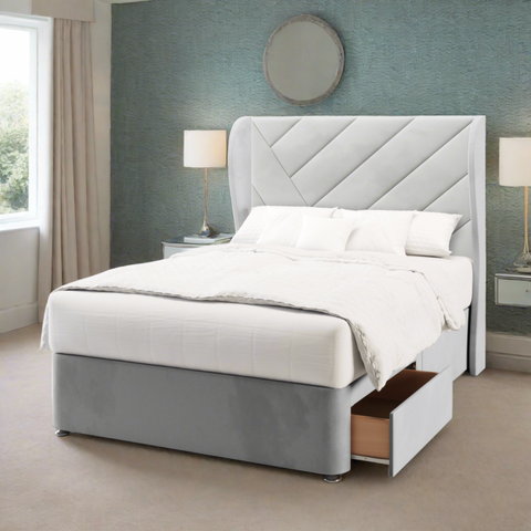 Everest Multi Diagonal Panel Middle Curve Wing Bespoke Headboard Divan Base Storage Bed with Mattress Options-Divan Bed-Chic Concept