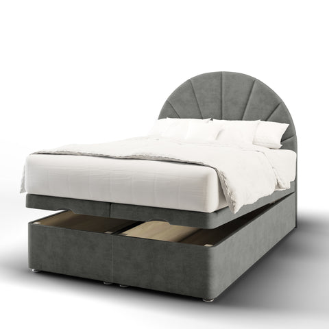 Bilbao Half Moon Vertical Lines Fabric Upholstered Tall Headboard with Ottoman Storage Bed & Mattress Options-Ottoman Bed-Chic Concept
