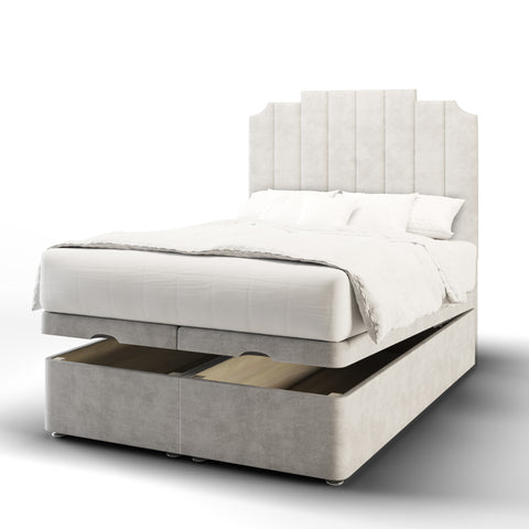 Lisbon Art Deco Fabric Upholstered Tall Headboard with Ottoman Storage Bed & Mattress Options-Ottoman Bed-Chic Concept