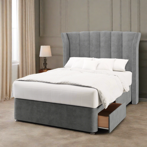 Arabella Curved Outward Wing Vertical Panels Headboard Divan Bed Base with Mattress Options-Divan Bed-Chic Concept