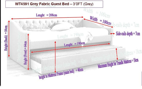 Ava Grey Fabric Chesterfield Guest Trundle Day Bed-Bunk Bed-Chic Concept