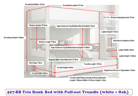 Trio White & Oak Bunk Bed with Pullout Trundle - 3FT Single-Bunk Bed-Chic Concept
