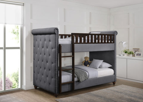 Ava Children's Dark Grey Linen Fabric Chesterfield Kids Bunk Bed-Bunk Bed-Chic Concept