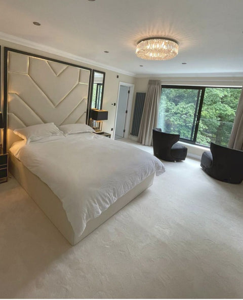 New Bespoke V Designer Gold Metal Aluminium Strip Wall Mounted Fabric Upholstered Wall Board Headboard-Bed-Chic Concept
