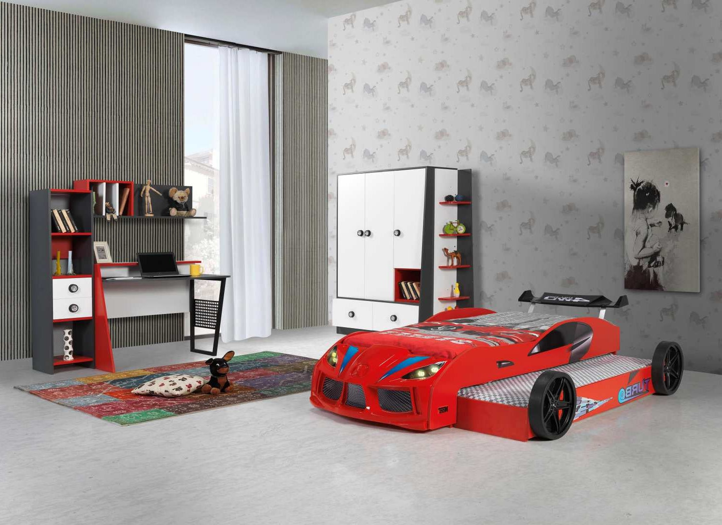 Speedy Boy Kids Red Race Car Bed with Pullout Bed 3FT Single Chic Concept