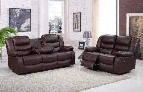Rosie Brown Leather 3 Seater and 2 Seater Recliner Sofa with Drink Holder-Leather Sofa-Chic Concept