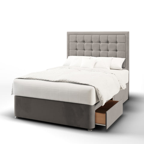 Aspire Large Cubic Buttoned Border Fabric Upholstered Tall Headboard with Divan Bed Base & Mattress Options-Divan Bed-Chic Concept