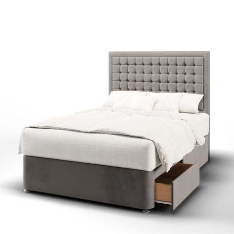 Hudson Small Cubic Buttoned Border Fabric Upholstered Tall Headboard with Divan Bed Base & Mattress Options-Divan Bed-Chic Concept