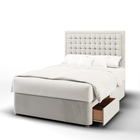 Hudson Small Cubic Buttoned Border Fabric Upholstered Tall Headboard with Divan Bed Base & Mattress Options-Divan Bed-Chic Concept