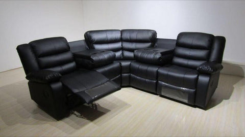 Modern Roma Corner Black Leather Recliner Sofa with Drink Holder-Leather Sofa-Chic Concept