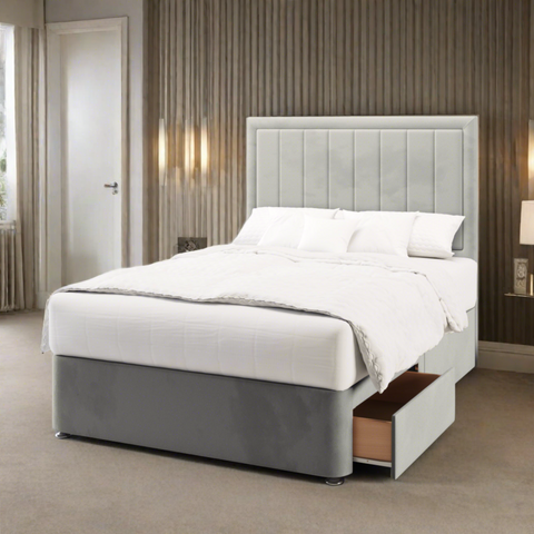 Bella Vertical Panels Border Tall Headboard Divan Bed Base with Mattress Options