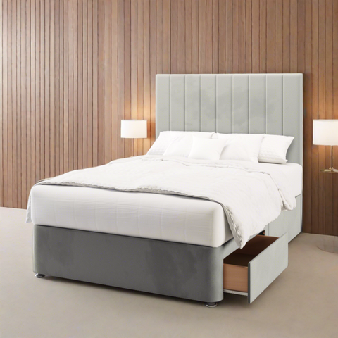 Durham Vertical Panels Fabric Upholstered Tall Headboard with Divan Bed Base & Mattress Options