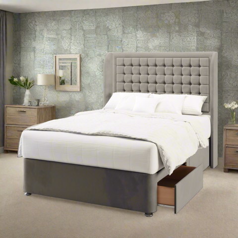 Hudson Small Cubic Border Top Curve Wing Bespoke Headboard Divan Base Storage Bed with Mattress Options-Divan Bed-Chic Concept