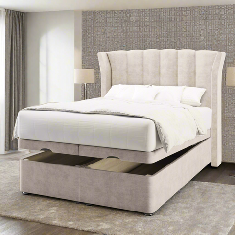 Arabella Vertical Panels Fabric Upholstered Curved Outward Winged Headboard with Ottoman Storage Bed & Mattress Options-Ottoman Bed-Chic Concept