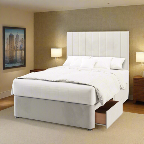 Durham Vertical Panels Fabric Upholstered Tall Headboard with Divan Bed Base & Mattress Options-Divan Bed-Chic Concept