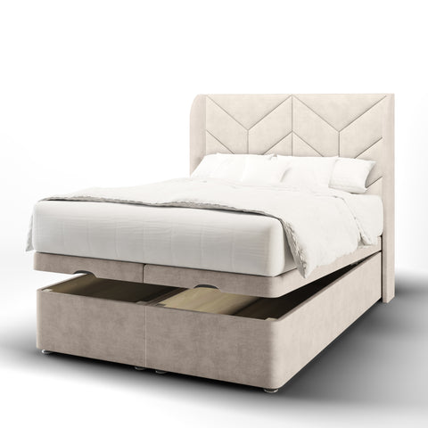 Descent Chevron Fabric Upholstered Sierra Winged Headboard with Ottoman Storage Bed & Mattress Options-Ottoman Bed-Chic Concept
