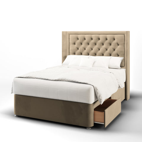 Havana Chesterfield Border Straight Wing Bespoke Headboard Divan Base Storage Bed with Mattress Options-Divan Bed-Chic Concept