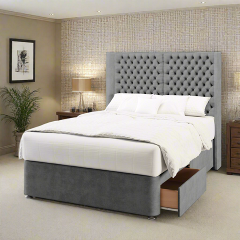Seville Double Panel Chesterfield Straight Wing Bespoke Headboard Divan Base Storage Bed with Mattress Options-Divan Bed-Chic Concept