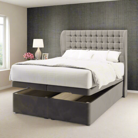 Harriett Small Cubic Buttoned Fabric Upholstered Solitaire Winged Headboard with Ottoman Storage Bed & Mattress Options-Ottoman Bed-Chic Concept