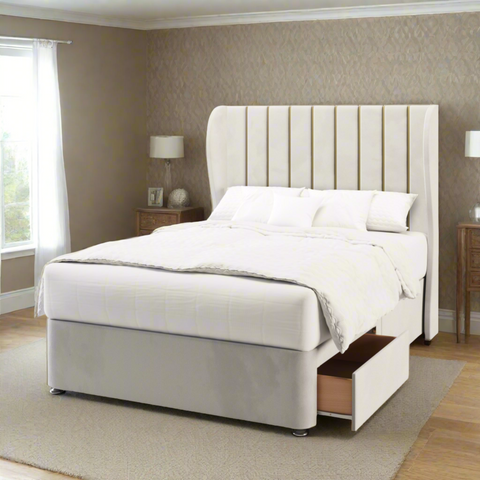 Durham Vertical Panel Metal Gold Strip Middle Curve Wing Bespoke Headboard Divan Base Storage Bed with Mattress Options-Divan Bed-Chic Concept