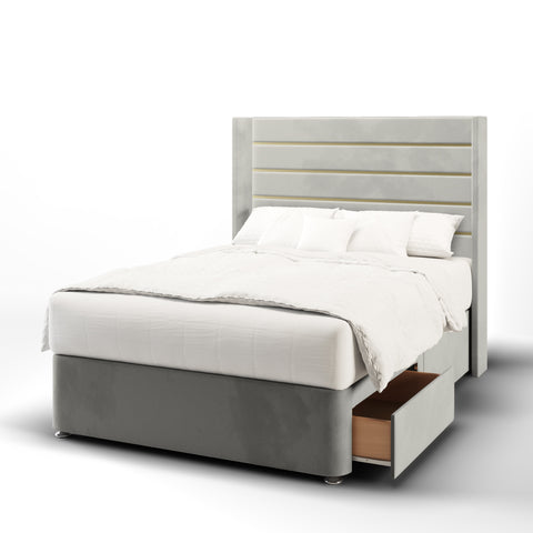 Eden Horizontal Panel Metal Gold Strip Straight Wing Bespoke Headboard Divan Base Storage Bed with Mattress Options-Divan Bed-Chic Concept