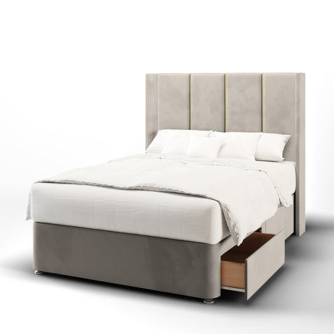 Brooklyn 4 Panel Metal Gold Strip Straight Wing Bespoke Headboard Divan Base Storage Bed with Mattress Options-Divan Bed-Chic Concept