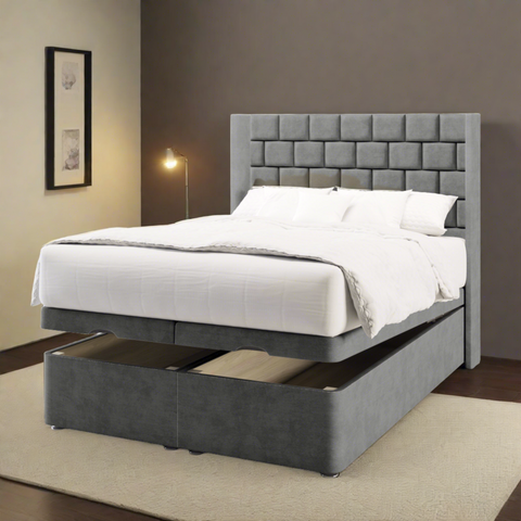 Brick Design Fabric Upholstered Serenity Winged Headboard with Ottoman Storage Bed & Mattress Options-Ottoman Bed-Chic Concept