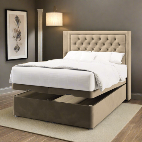 Haven Chesterfield Buttoned Border Fabric Upholstered Serenity Winged Headboard with Ottoman Storage Bed & Mattress Options-Ottoman Bed-Chic Concept